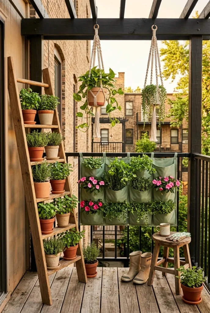 DIY vertical balcony garden ideas apartment ladder planter macrame wall pockets renter safe