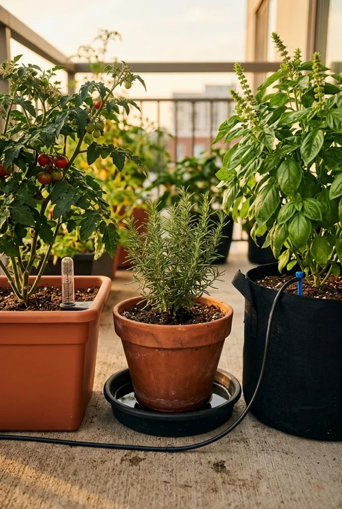 watering apartment balcony garden earthbox drip tray drip irrigation timer setup