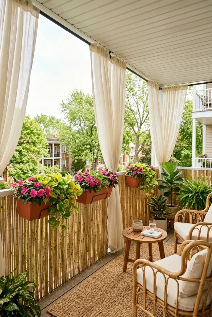 apartment balcony privacy ideas layered curtains bamboo panel railing planters