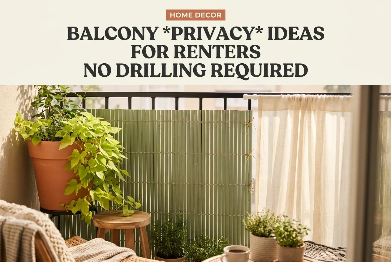 No-drill balcony privacy ideas for renters with bamboo screen railing planter and sheer curtain panel