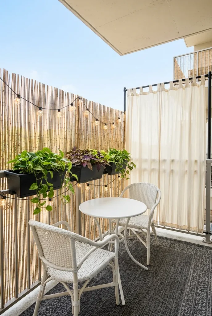 complete renter apartment balcony privacy setup plants curtains bamboo screen string lights