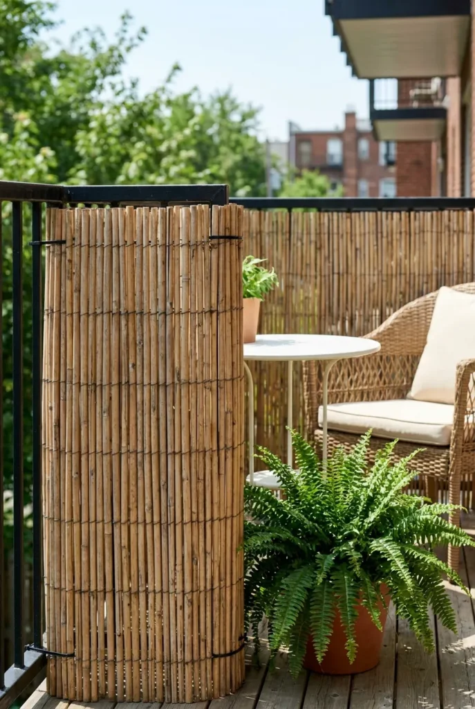 bamboo privacy screen zip tied to apartment balcony railing no drill renter safe