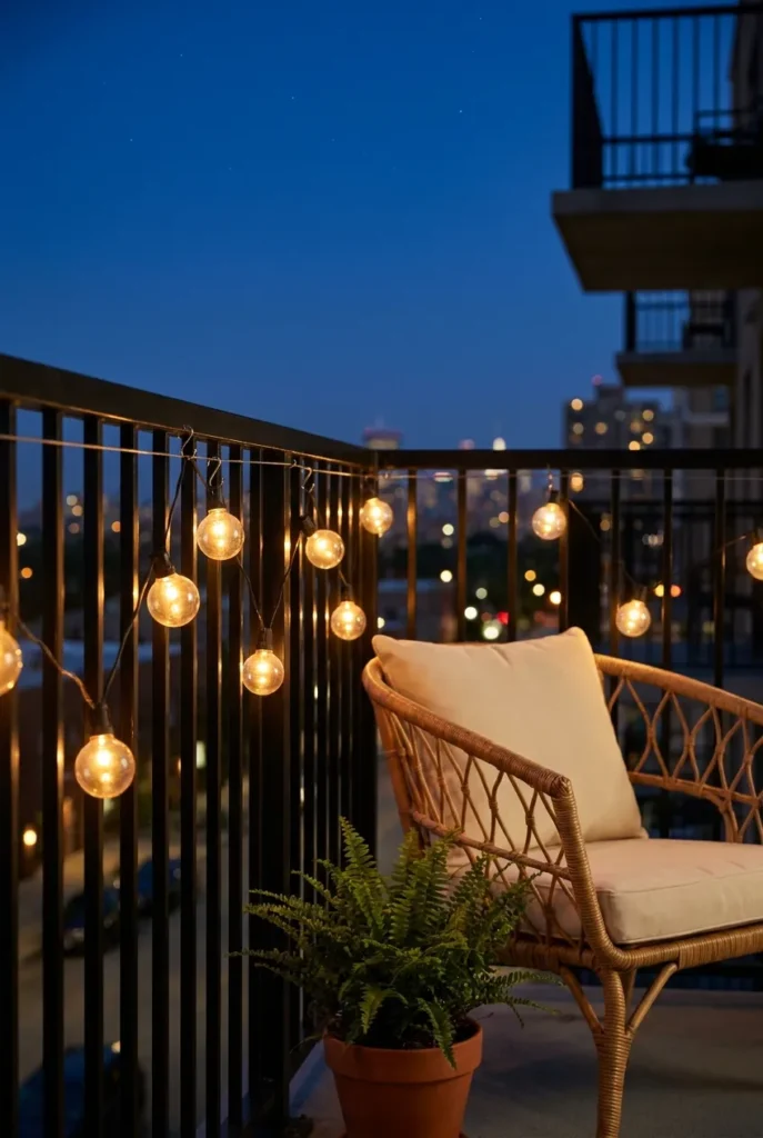 G40 string lights zigzag balcony railing apartment privacy layer at dusk