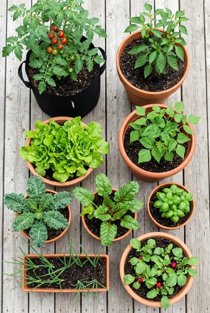 nine best vegetables for a container vegetable garden shown in proper pot sizes