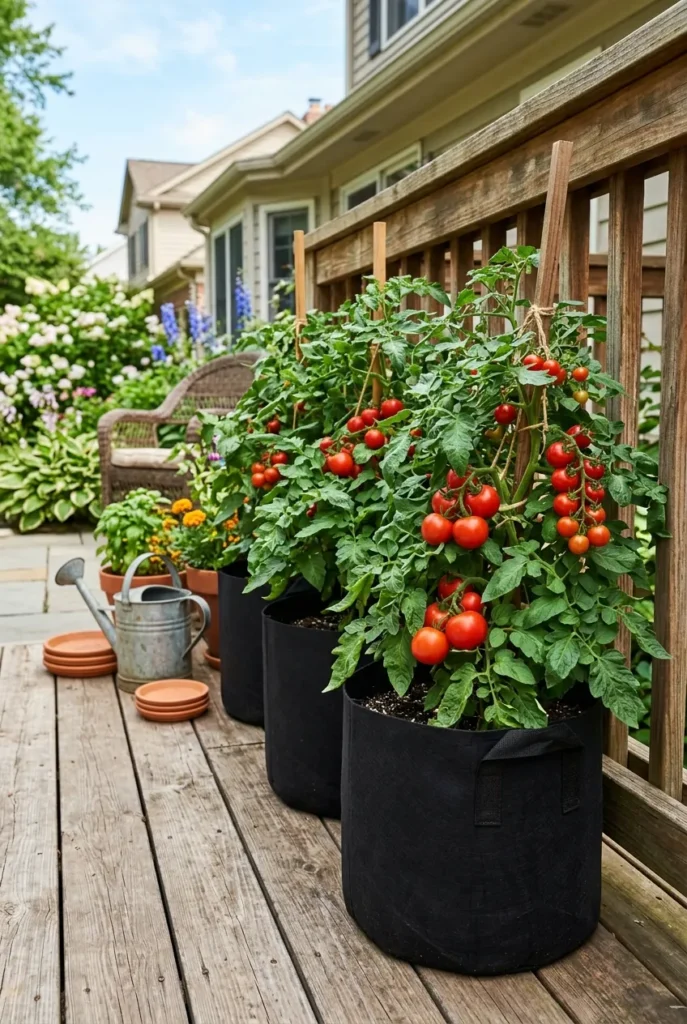 Best patio tomato container setup with three fabric grow bags on a cedar deck