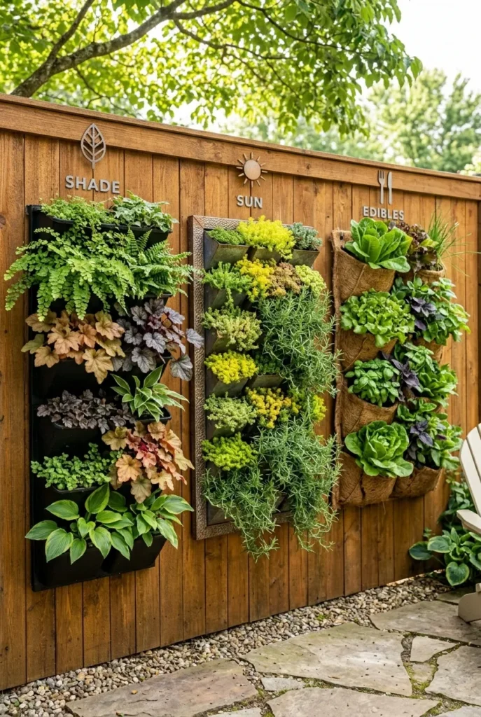 Best plants for an outdoor plant wall shown in shady, sunny, and edible sections