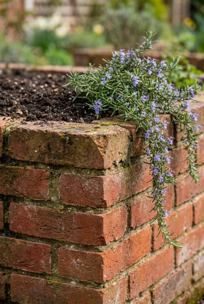 Close-up of a dry stacked brick raised garden bed corner with rosemary spilling over