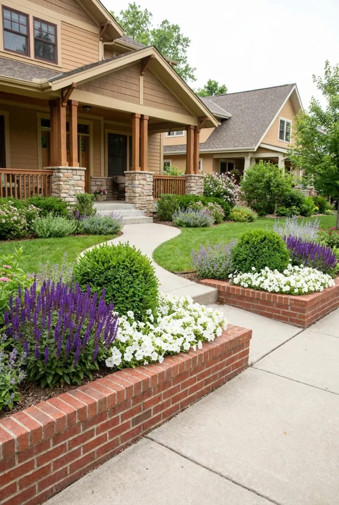 Front yard brick raised garden bed along a walkway with salvia and petunias