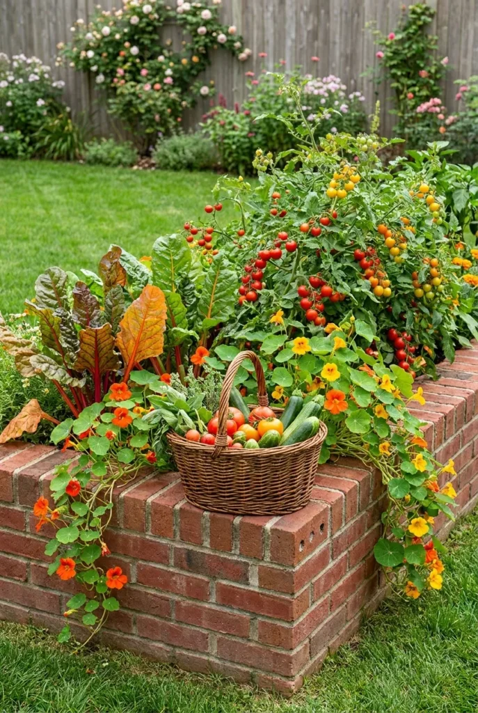 Mature brick raised garden bed overflowing with tomatoes and chard in late summer