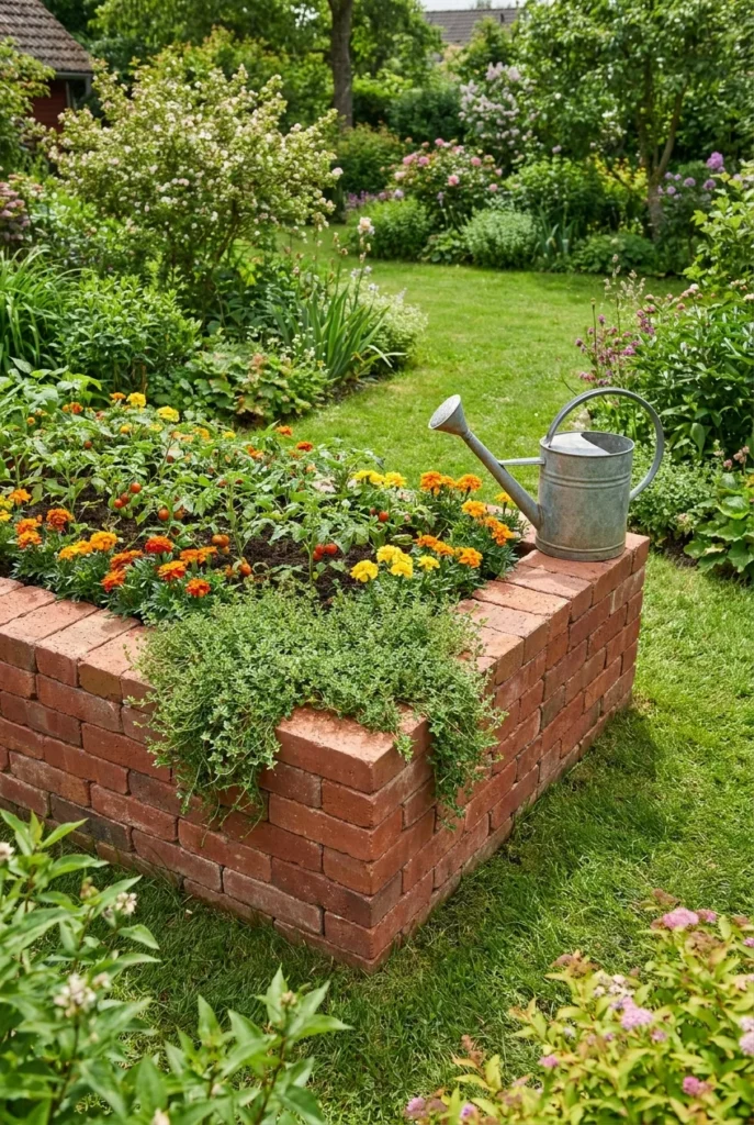 Brick raised garden bed planted with tomatoes and marigolds in a sunny backyard