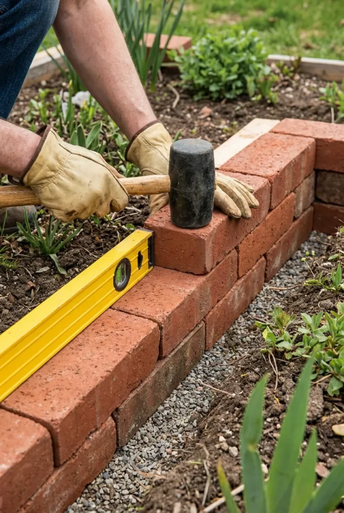 Leveling the first course of a brick raised garden bed built without mortar