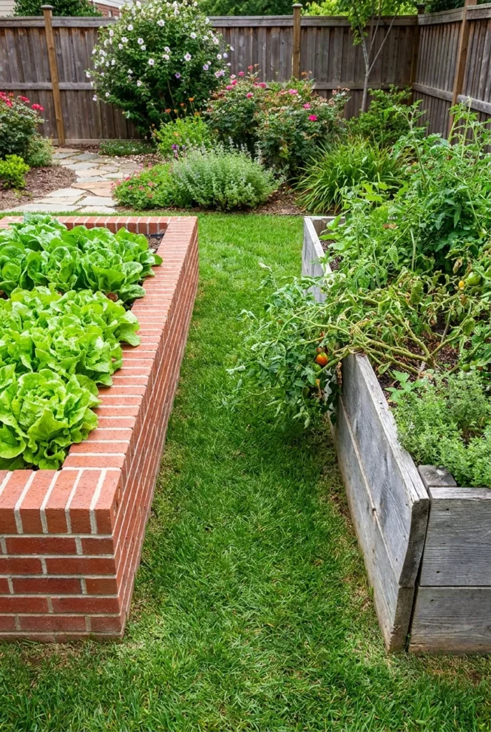 Brick raised garden bed beside an aging wood bed showing the durability difference