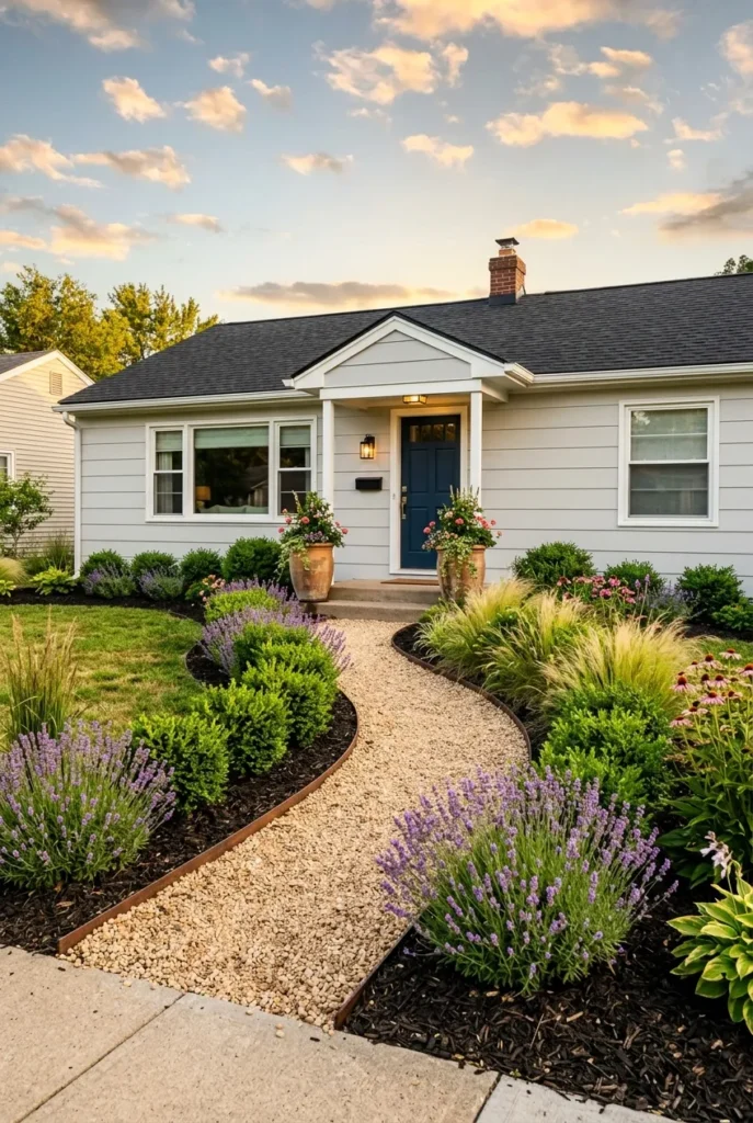 Finished budget front yard landscaping makeover with curb appeal
