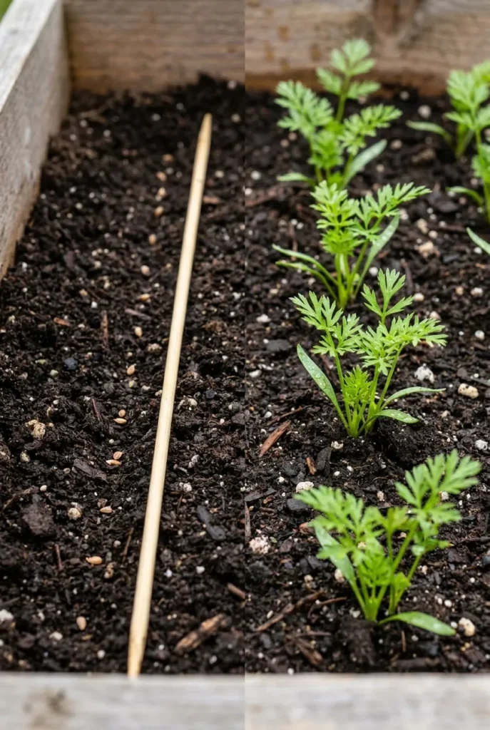 carrot seed spacing vs thinned carrot seedlings in a raised garden bed side by side