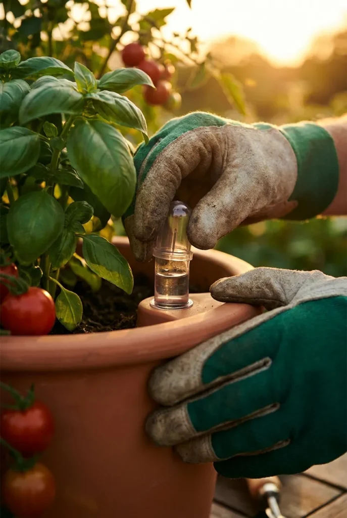 checking the water level on a self-watering container garden planter