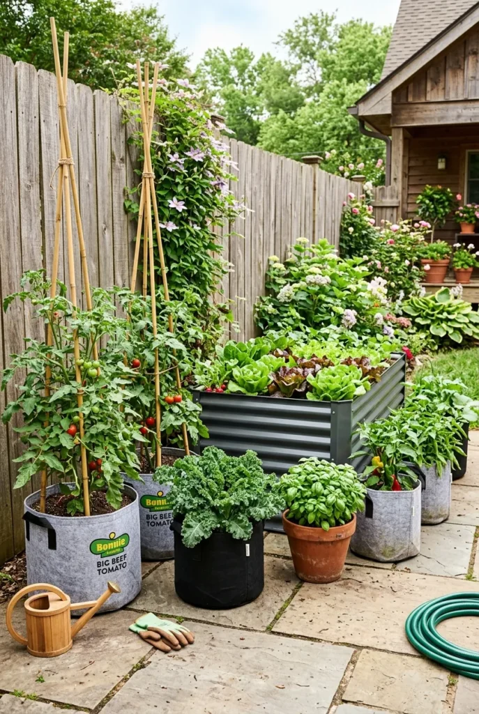 container vegetable garden on a back patio with grow bags and tomato plants