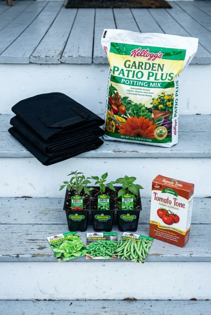 $25 starter container vegetable garden kit with grow bags soil and seedlings