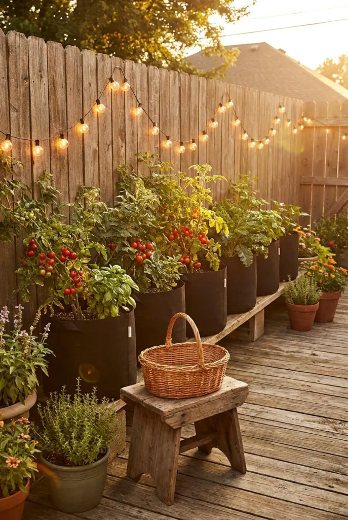 container vegetable garden at golden hour with cherry tomatoes and string lights