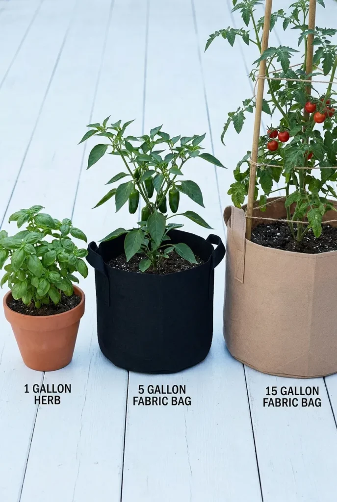 container vegetable garden pot size comparison from 1 gallon to 15 gallon grow bag