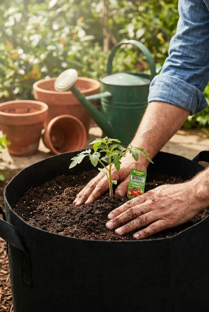 planting a tomato seedling in a 15 gallon fabric grow bag for container vegetable gardening
