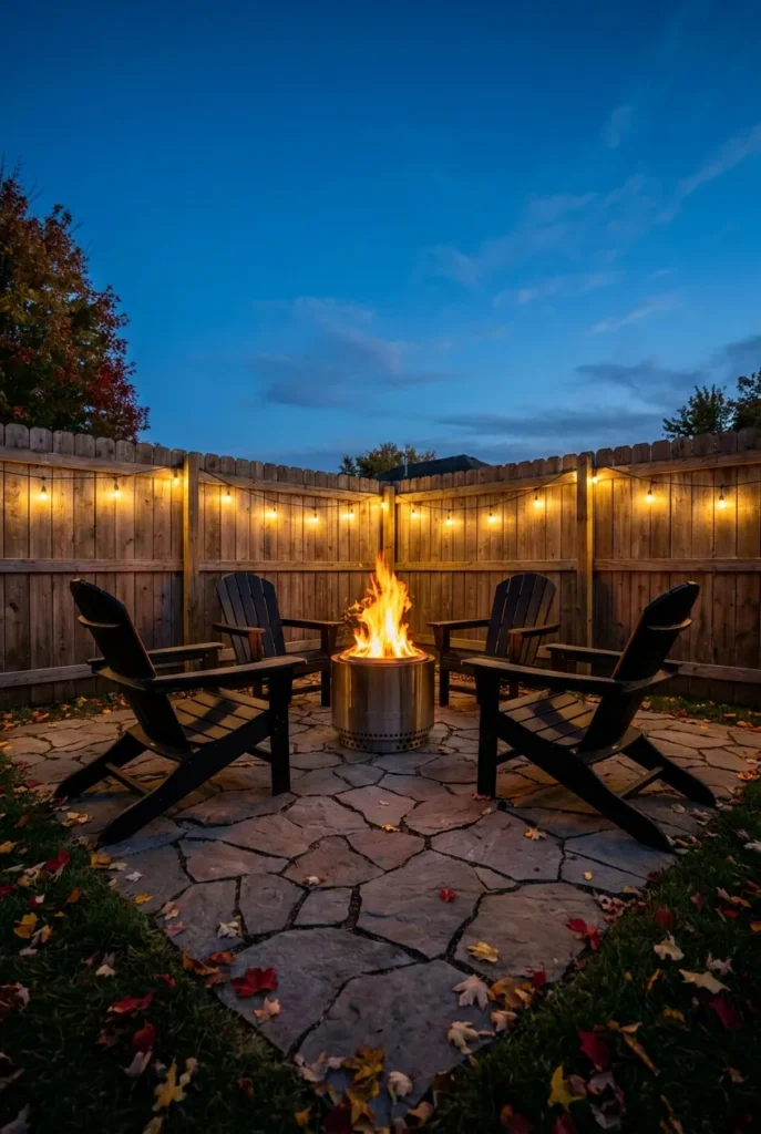 Corner conversation pit with paver patio and four Adirondack chairs