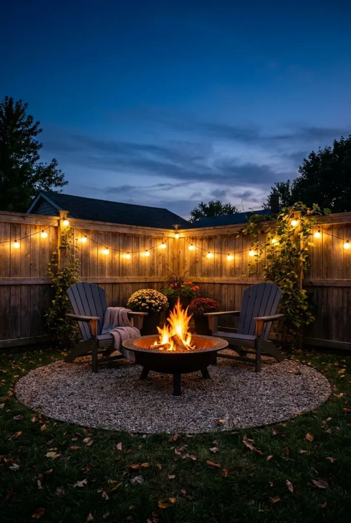 Cozy corner fire pit ideas for small backyards with two Adirondack chairs at dusk