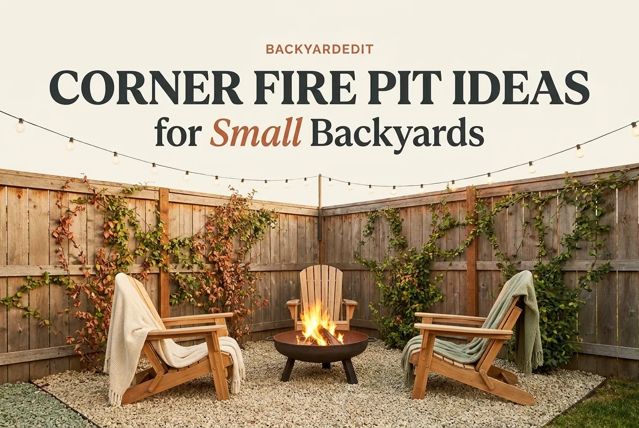 Corner fire pit ideas for small backyards with cast iron pit and Adirondack chairs at golden hour