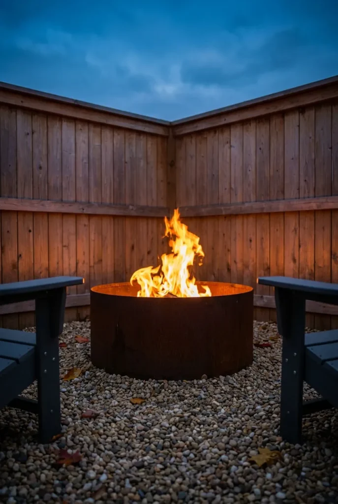 Close up corner fire pit on pea gravel apron between two fence lines at dusk