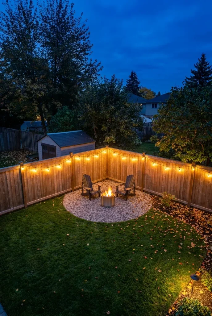 Overhead view of corner fire pit placement in small backyard with two fence lines