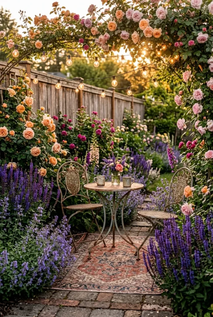 cottage garden back yard ideas with bistro set and string lights