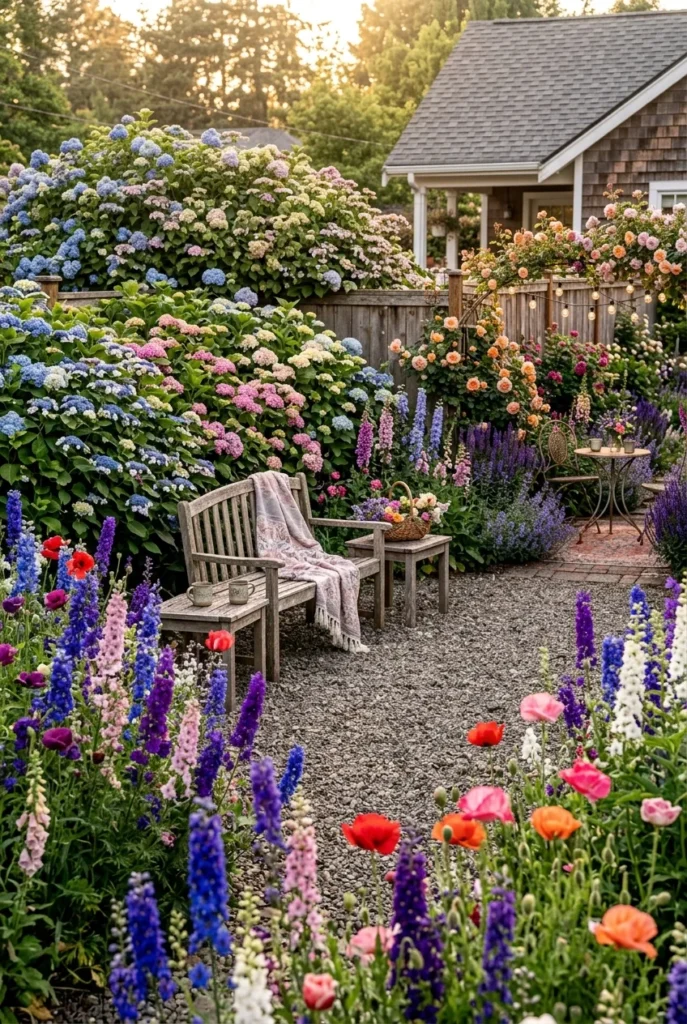 cottage garden back yard with self-seeded larkspur and hydrangea hedge