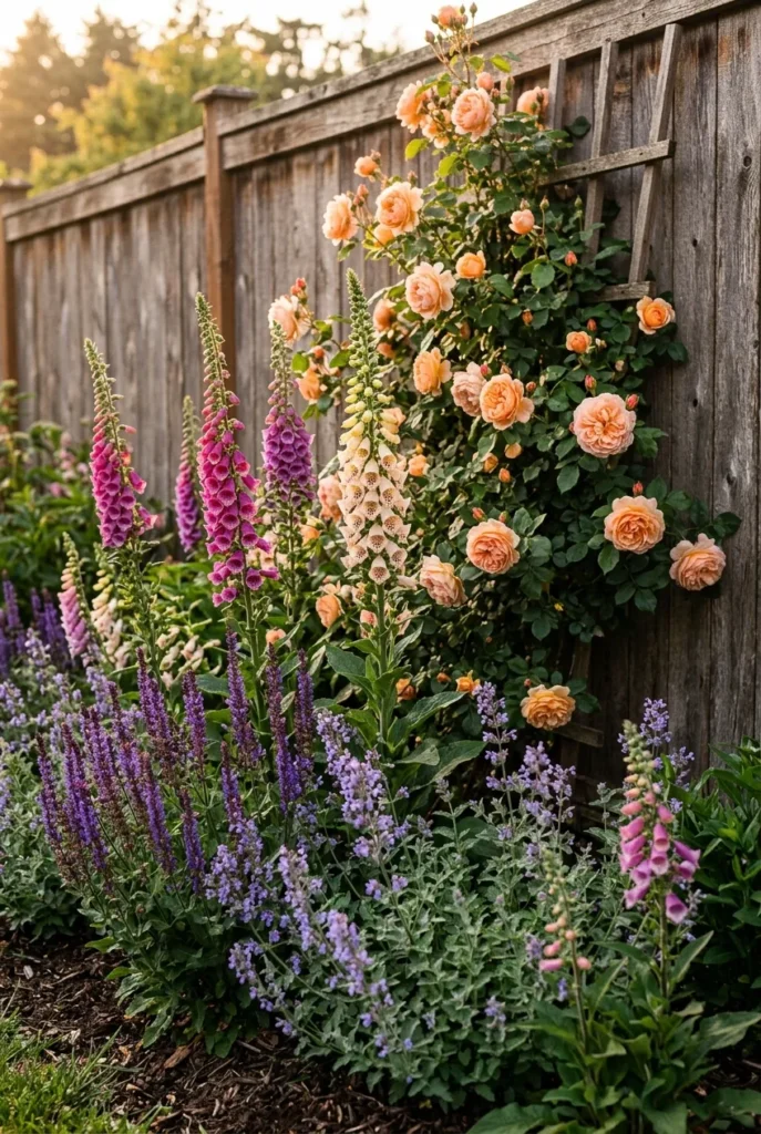 layered cottage garden border with foxglove and climbing rose