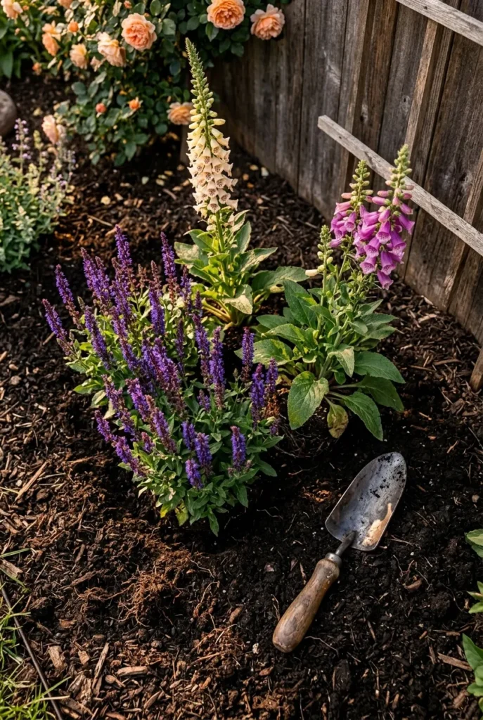 dense cottage garden planting technique with salvia and foxglove