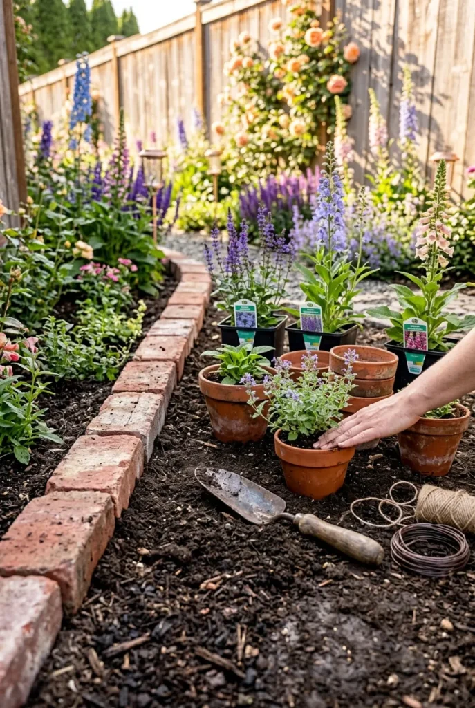 cottage garden ideas on a budget with small pots and brick edging