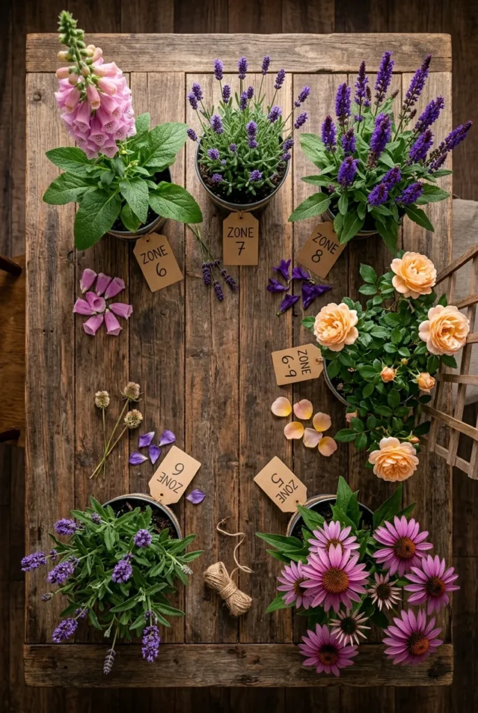 cottage garden plant cheat sheet by USDA zone with lavender and salvia