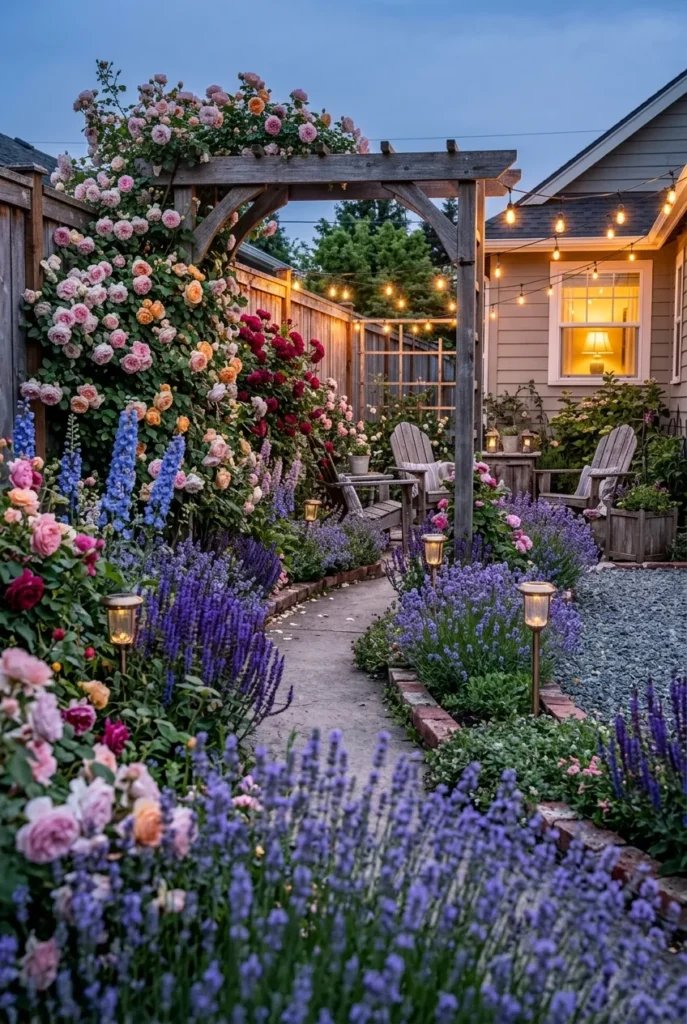 dreamy finished cottage garden yard at dusk with string lights