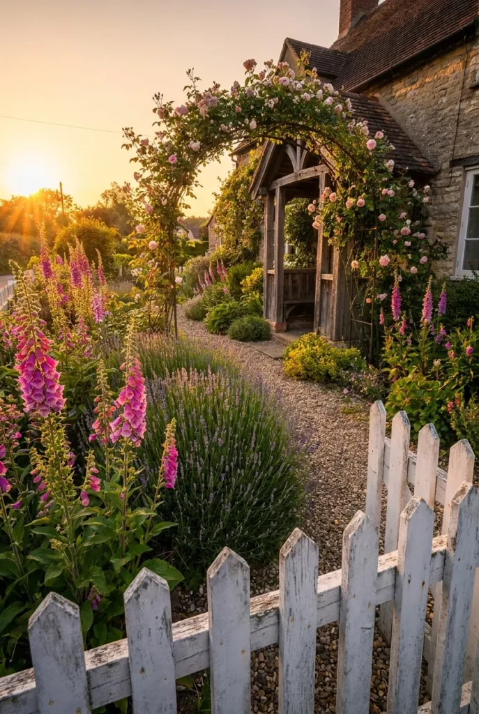 dreamy cottage garden yard ideas with picket fence, foxglove, and lavender