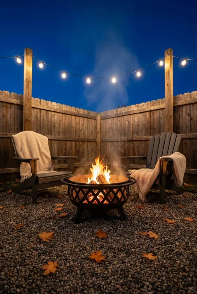 Cozy fall corner fire pit with wool blankets and string lights at dusk