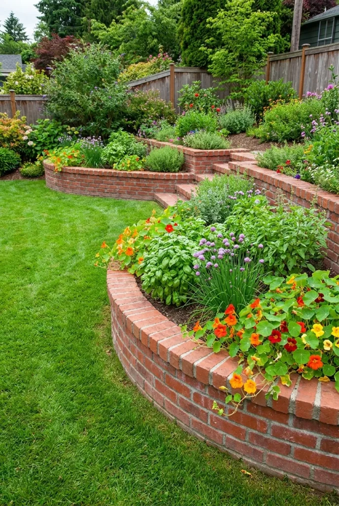 Curved brick raised garden bed with herbs and a terraced bed on a slope behind it