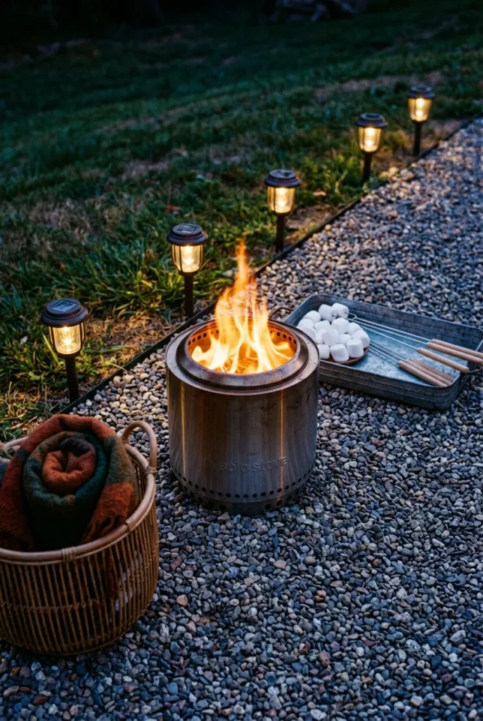 Decorating around a solo stove with solar lanterns and a smores tray