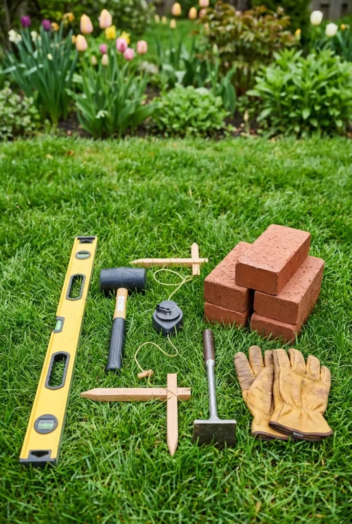 Tools for a DIY brick raised garden bed laid out on grass including level and mallet