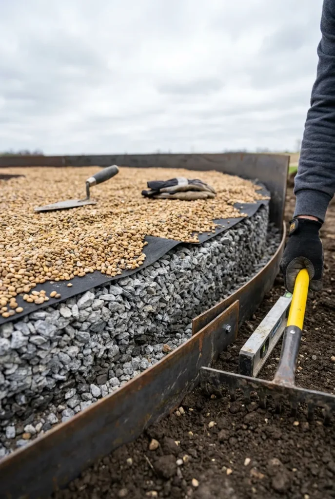 Compacted gravel base detail for DIY fire pit seating area construction