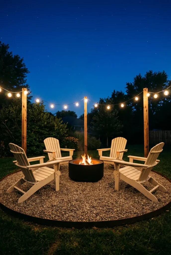 DIY fire pit seating area at dusk with pea gravel and Adirondack chairs