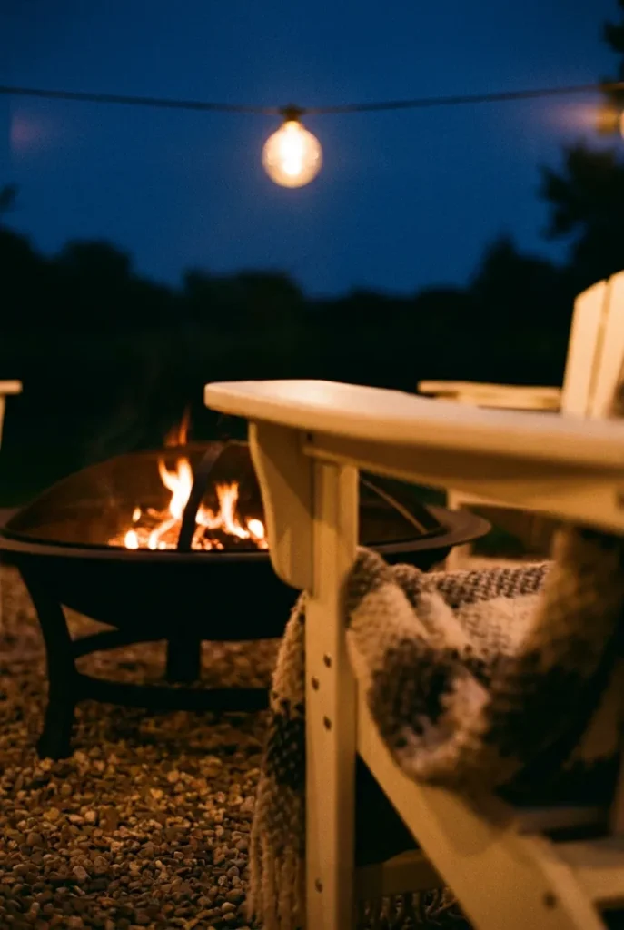 Close-up cast iron DIY fire pit with Adirondack chair and pea gravel