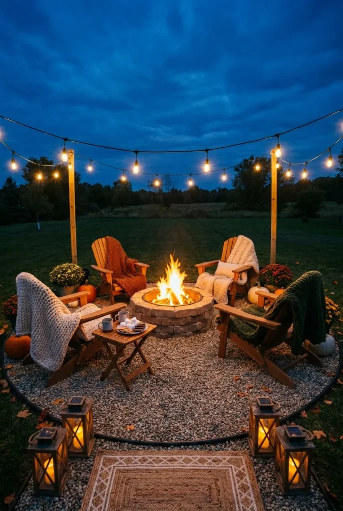 Cozy styled DIY fire pit seating area with throws and s'mores at blue hour