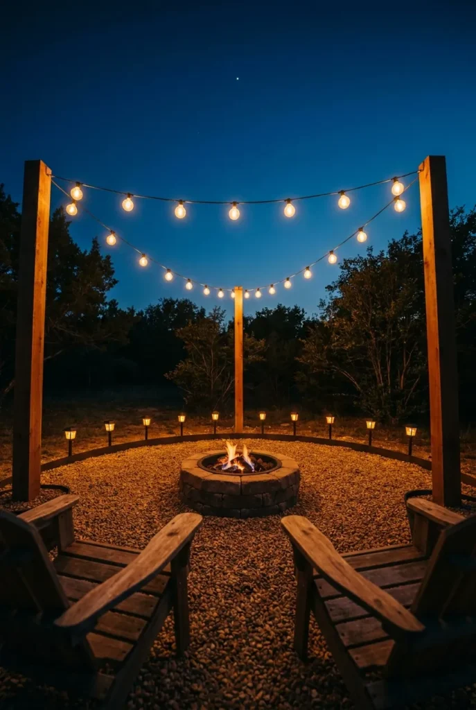 Layered string lights and lanterns over DIY fire pit seating area