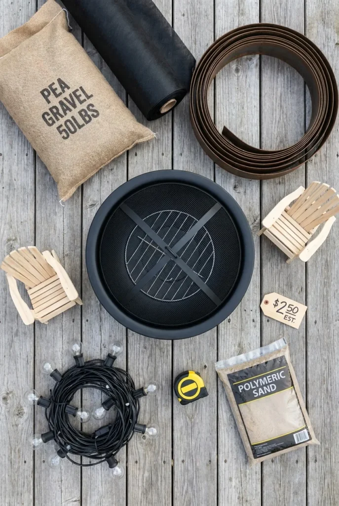 DIY fire pit seating area materials flat lay with gravel edging and lights