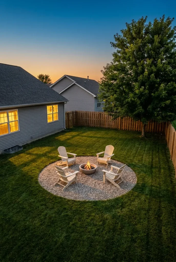 Backyard placement of DIY fire pit seating area showing 10 foot clearance from house
