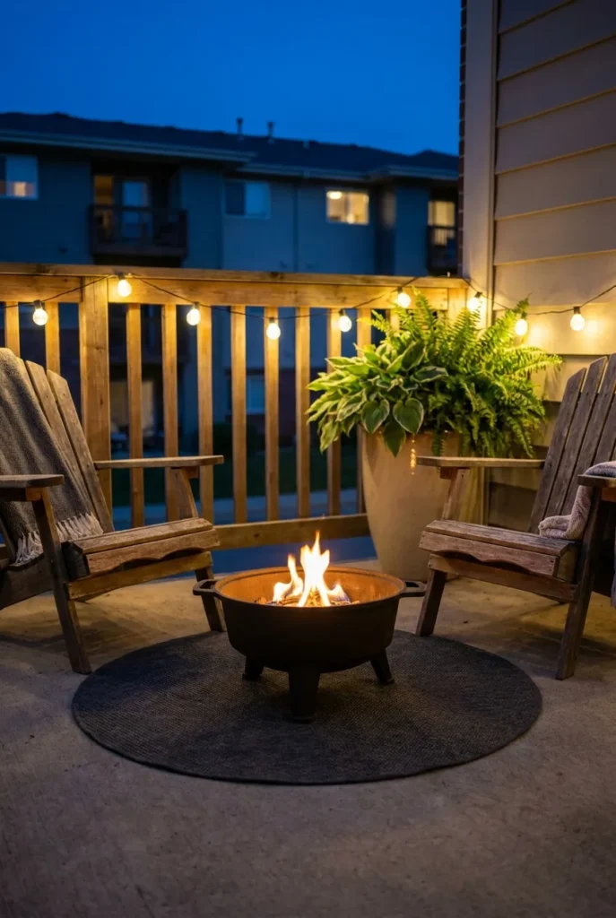Renter friendly portable DIY fire pit seating area with mat and folding chairs