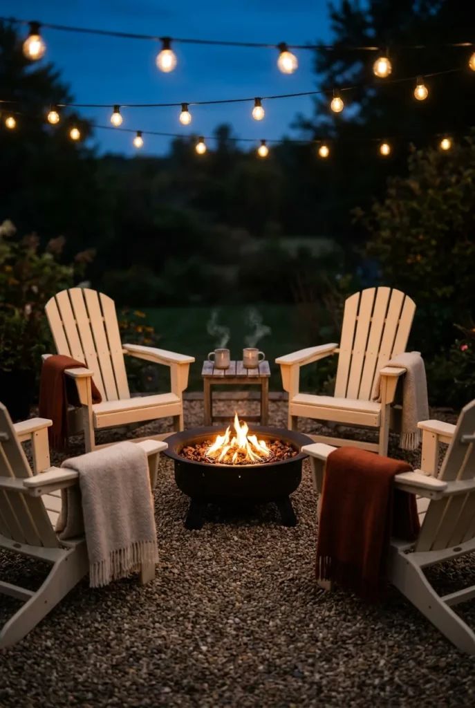 Adirondack chairs around DIY fire pit seating area with throw blankets at dusk